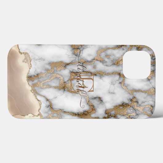 Elegant Stylish Gold Glitter Cream Marble Monogram Case-Mate iPhone Case (Achterkant (horizontaal))