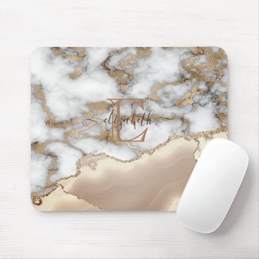 Elegant Stylish Gold Glitter Cream Marble Monogram Muismat (Met muis)