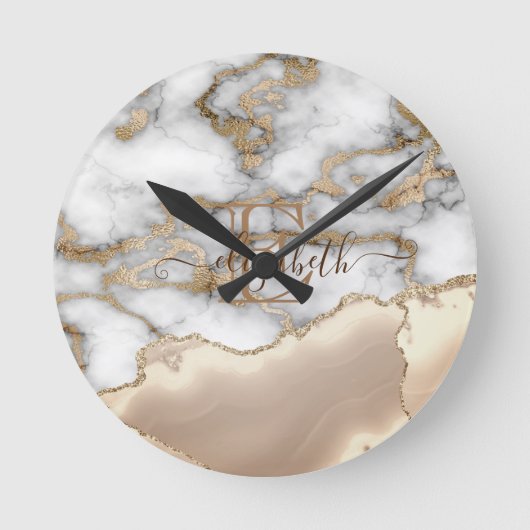 Elegant Stylish Gold Glitter Cream Marble Monogram Ronde Klok (Voorkant)