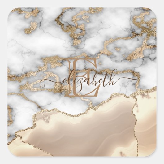 Elegant Stylish Gold Glitter Cream Marble Monogram Vierkante Sticker (Voorkant)