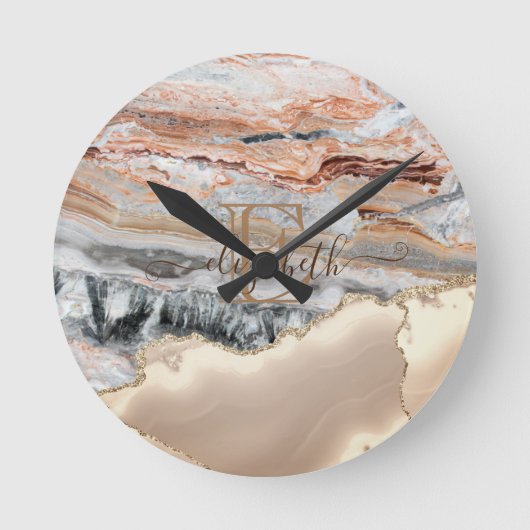Elegant Stylish Gold Glitter Marble Stone Monogram Ronde Klok (Voorkant)