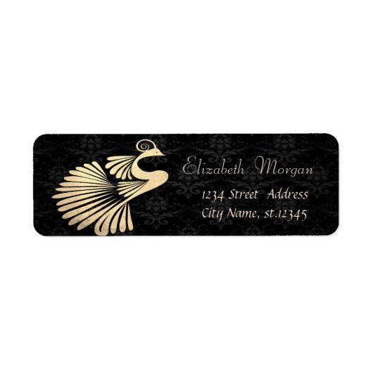 Elegant Stylish Gold Peacock, Black Damask Etiket (Voorkant)