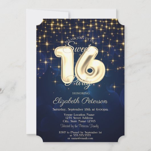 Elegant Stylish Gold Stars Navy Blue Sweet 16 Kaart (Voorkant)