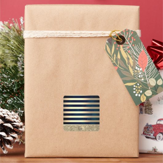 Elegant Stylish Gold Stripes Glitter,Navy Blue Vierkante Sticker (Feestdagen)