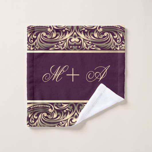 Elegant Stylish Gold Swirls Monogram Burgundy Bad Handdoek (Wasdoekje)