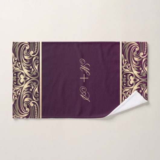 Elegant Stylish Gold Swirls Monogram Burgundy Bad Handdoek (Handdoek)