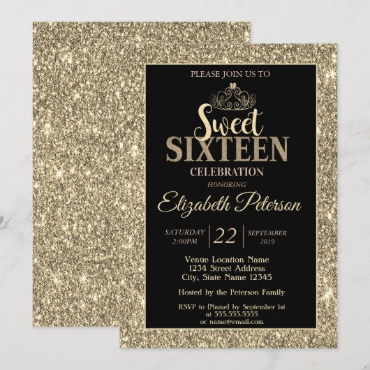 Elegant Stylish Gold Tiara, Glitter Sweet 16 Party Kaart (Voorkant / Achterkant)