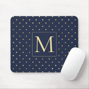 Elegant Stylish Navy Blue Gold Polka Dots Monogram Muismat