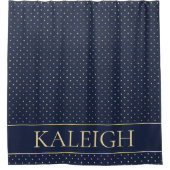 Elegant Stylish Navy Blue Gold Polka Dots name Douchegordijn (Voorkant)