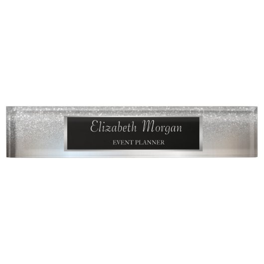 Elegant Stylish Silver Glitter Bokeh Ombre, Lijst Naambordje (Voorkant)