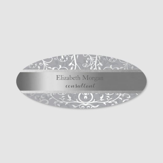 Elegant Stylish Silver Stripe, Swirls Naamplaatje (Voorkant)