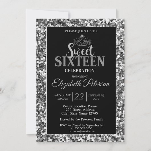 Elegant Stylish Tiara, Silver Sequins Sweet 16 Par Kaart (Voorkant)