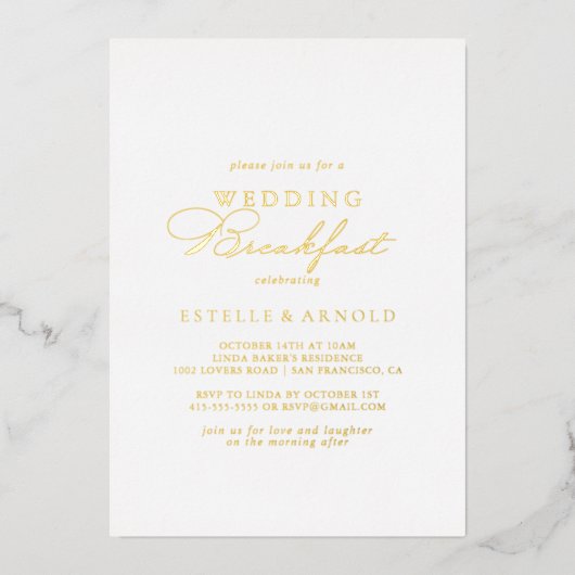 Elegant Stylish Wedding Breakfast Gold Folie Uitnodiging (Voorkant)