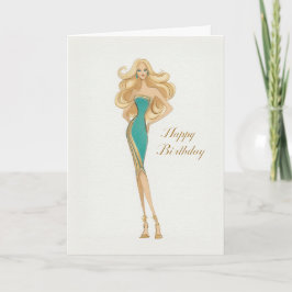 Elegant Stylish Woman in Teal Dress Birthday Kaart