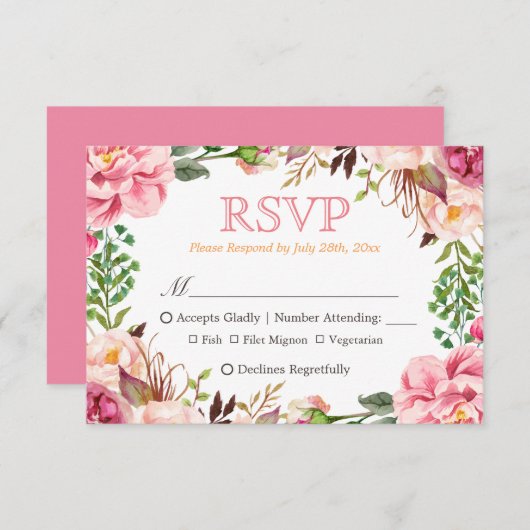 Elegant subtle Chic Pink Floral Meal Choices RSVP (Voorkant / Achterkant)