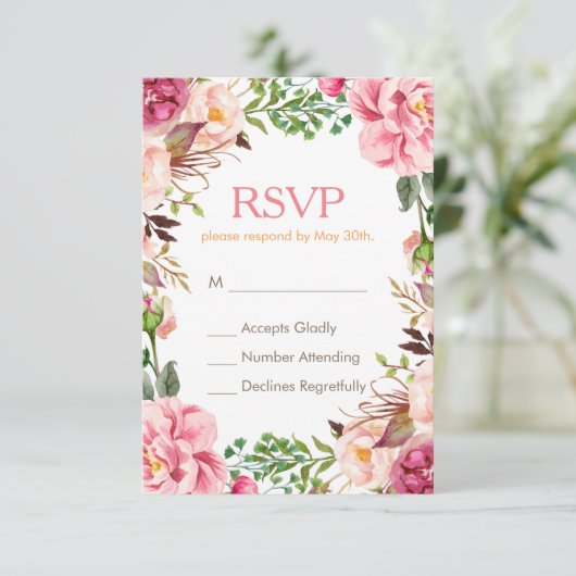 Elegant subtle Chic Pink Floral RSVP Respond Kaart (Staand voorkant)