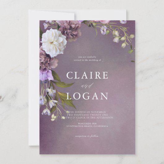 Elegant subtle Paarse Floral Wedding Kaart (Voorkant)