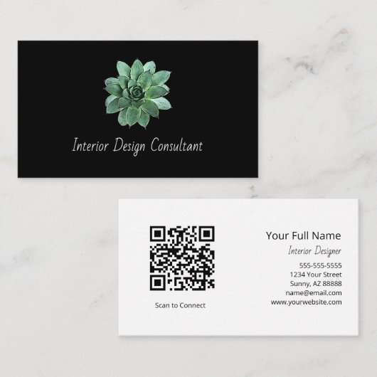Elegant Succulent Botanical QR code Black  Visitekaartje (Voorkant / Achterkant)