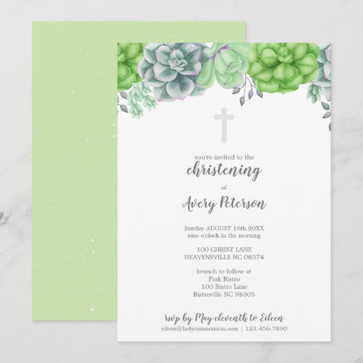 Elegant Succulent Cross Christening Religieuze Kaart (Voorkant / Achterkant)