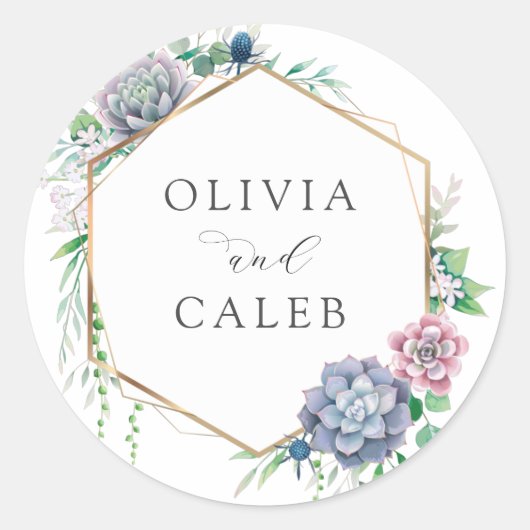 Elegant Succulent Gold Frame Wedding Ronde Sticker (Voorkant)