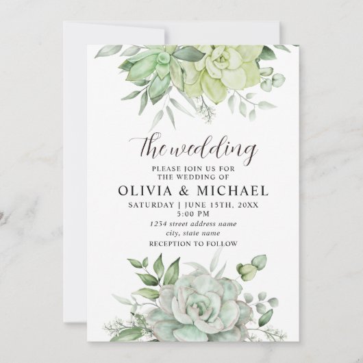 Elegant Succulent Greenery Wedding Invitation Kaart (Voorkant)