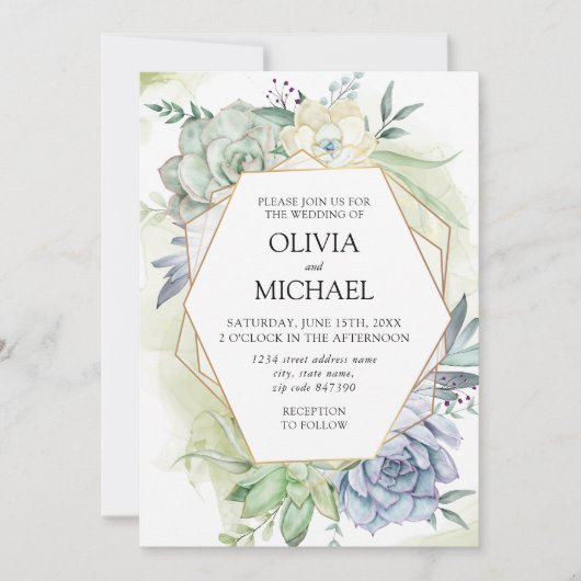 Elegant Succulent Greenery Wedding Invitation Kaart (Voorkant)