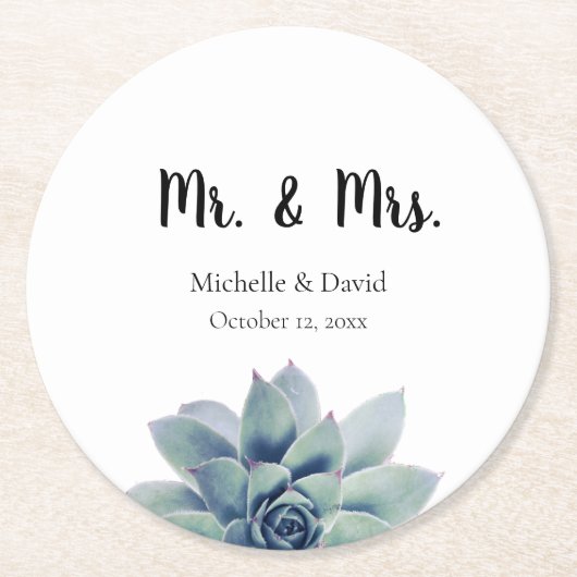 Elegant Succulent Greenery Wedding Mr. & Mrs. Ronde Kartonnen Onderzetter (Voorkant)