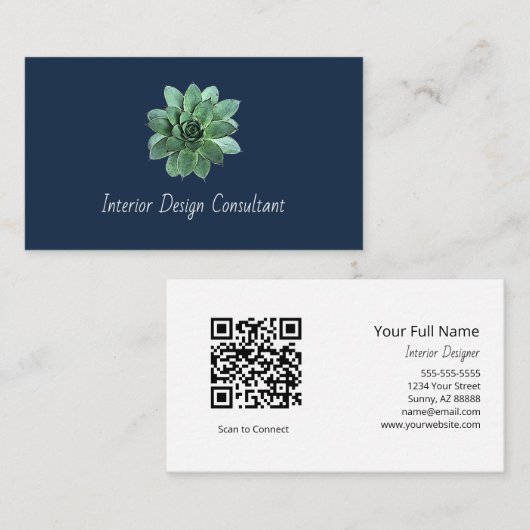 Elegant Succulent Modern Botanical QR code Visitekaartje (Voorkant / Achterkant)