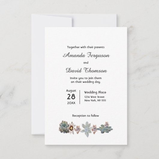 Elegant succulent op uitnodiging voor witte bruilo (Voorkant)