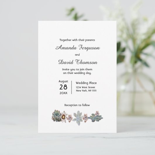 Elegant succulent op uitnodiging voor witte bruilo (Staand voorkant)