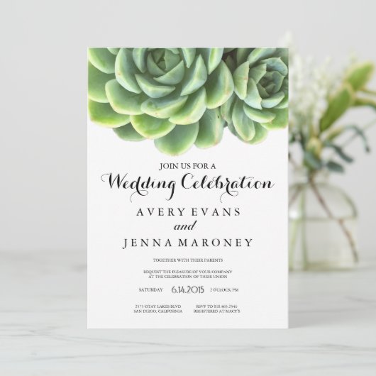 Elegant Succulent Plant Wedding Invitation Kaart (Staand voorkant)