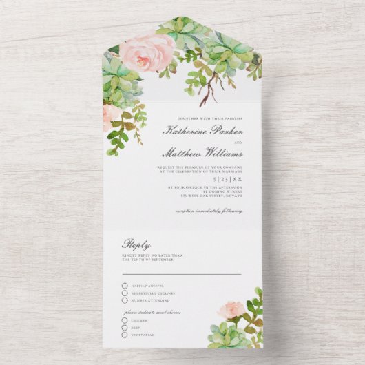 Elegant Succulent Roos Garden Boho Wedding All In One Uitnodiging (Binnen)