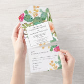 Elegant Succulent Waterverf Floral Wedding All In One Uitnodiging (Afscheurbaar)