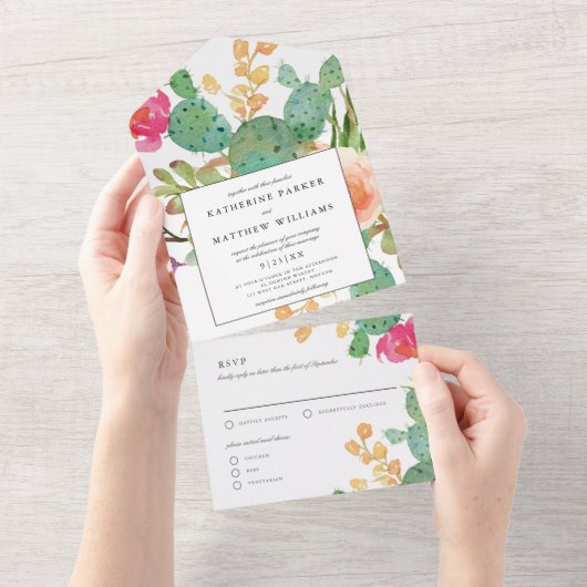 Elegant Succulent Waterverf Floral Wedding All In One Uitnodiging (Afscheurbaar)