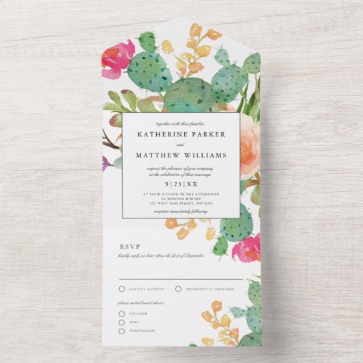 Elegant Succulent Waterverf Floral Wedding All In One Uitnodiging (Binnen)