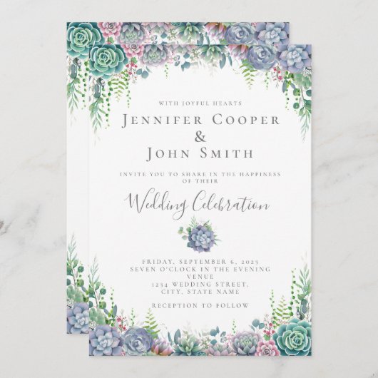 Elegant Succulent Waterverf Greenery Wedding Kaart (Voorkant / Achterkant)