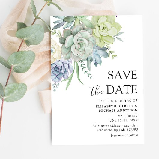 Elegant Succulent Wedding Save the Dates Kaart