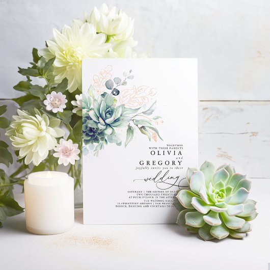 Elegant Succulents and Roos Gold Greenery Wedding Folie Uitnodiging