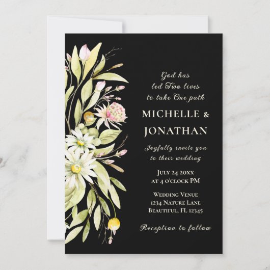 Elegant Summer Floral over Black Christelijk Weddi Kaart (Voorkant)