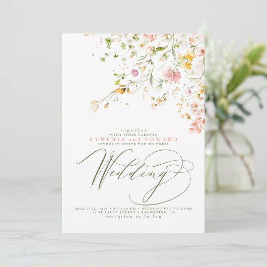 Elegant Summer Meadow Wildflower Boho Wedding Kaart (Staand voorkant)