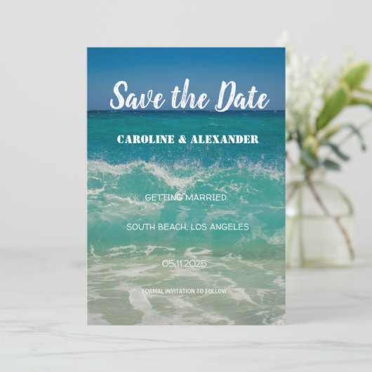 Elegant Summer Ocean Waves Beach Tropical Wedding Save The Date (Staand voorkant)
