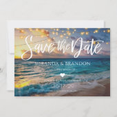 Elegant Summer Sunset Beach String Lights, Weddens Save The Date (Voorkant)