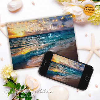 Elegant Summer Sunset Beach String Lights Wedding Kaart