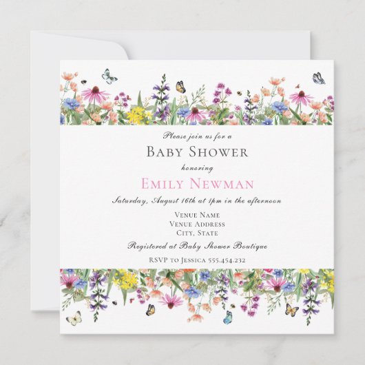 Elegant Summer Wildflower Baby shower Kaart (Voorkant)