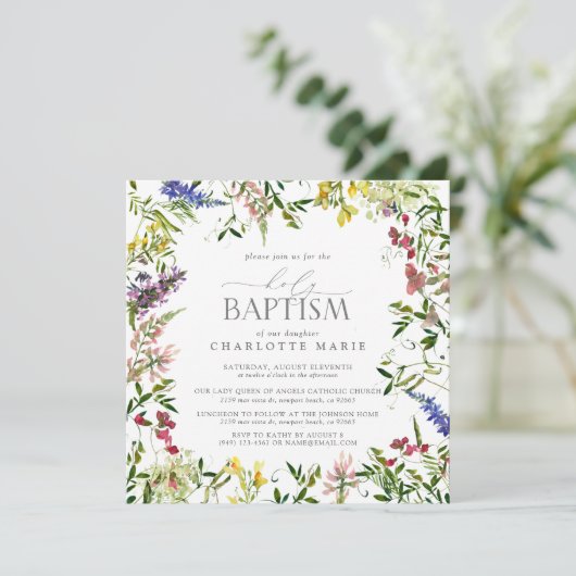 Elegant Summer Wildflower Floral Baptisme Kaart (Staand voorkant)