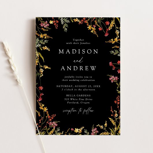 Elegant Summer Wildflower Lijst Black Wedding Kaart