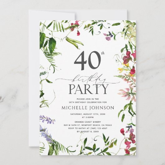 Elegant Summer Wildflower Waterverf 40th Birthday Kaart (Voorkant)