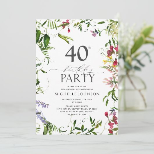 Elegant Summer Wildflower Waterverf 40th Birthday Kaart (Staand voorkant)