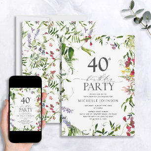 Elegant Summer Wildflower Waterverf 40th Birthday Kaart