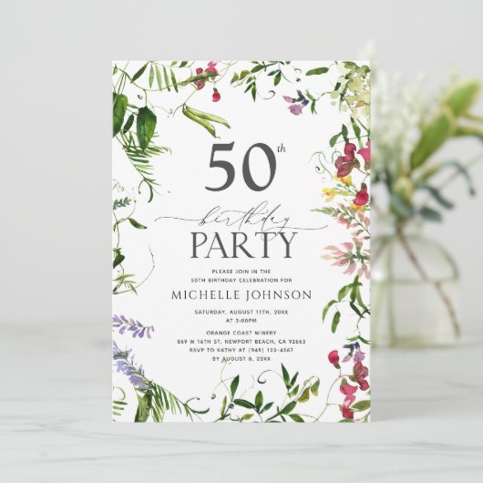 Elegant Summer Wildflower Waterverf 50th Birthday Kaart (Staand voorkant)